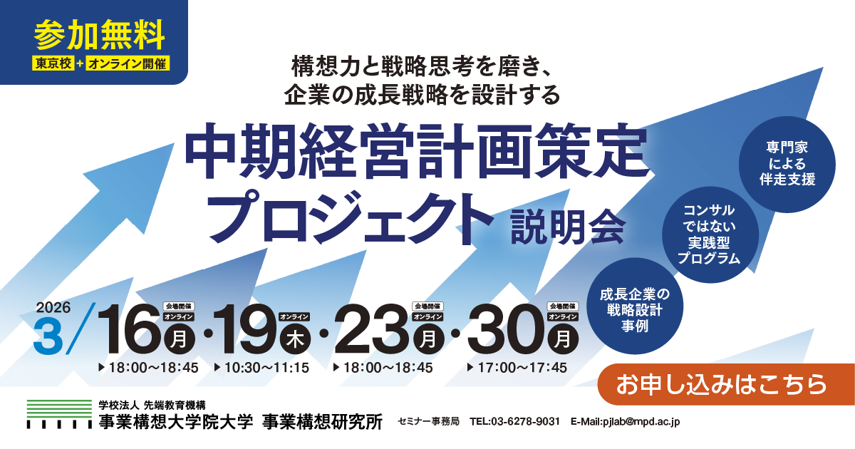 【中堅・中小企業対象】構想力と戦略思考を磨き、企業の成長戦略を設計する　「中期経営計画策定プロジェクト」説明会